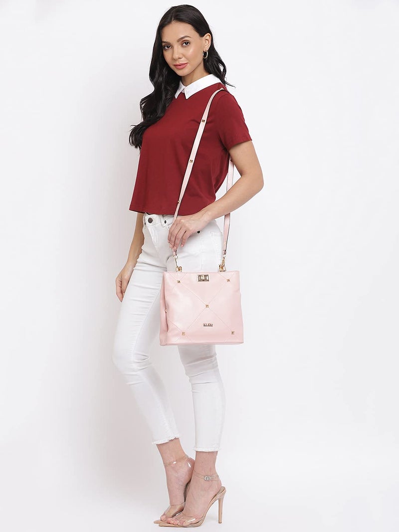 KLEIO Gold Studded Top Handle Handbag for Women - Pink - Image 3